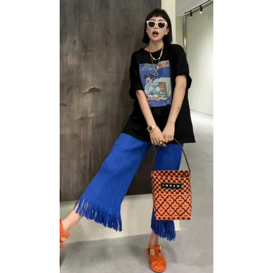 Miyake Pants Women's 2025 Summer New High-end Pleated Blue Loose Slimming Tassel Straight Pants