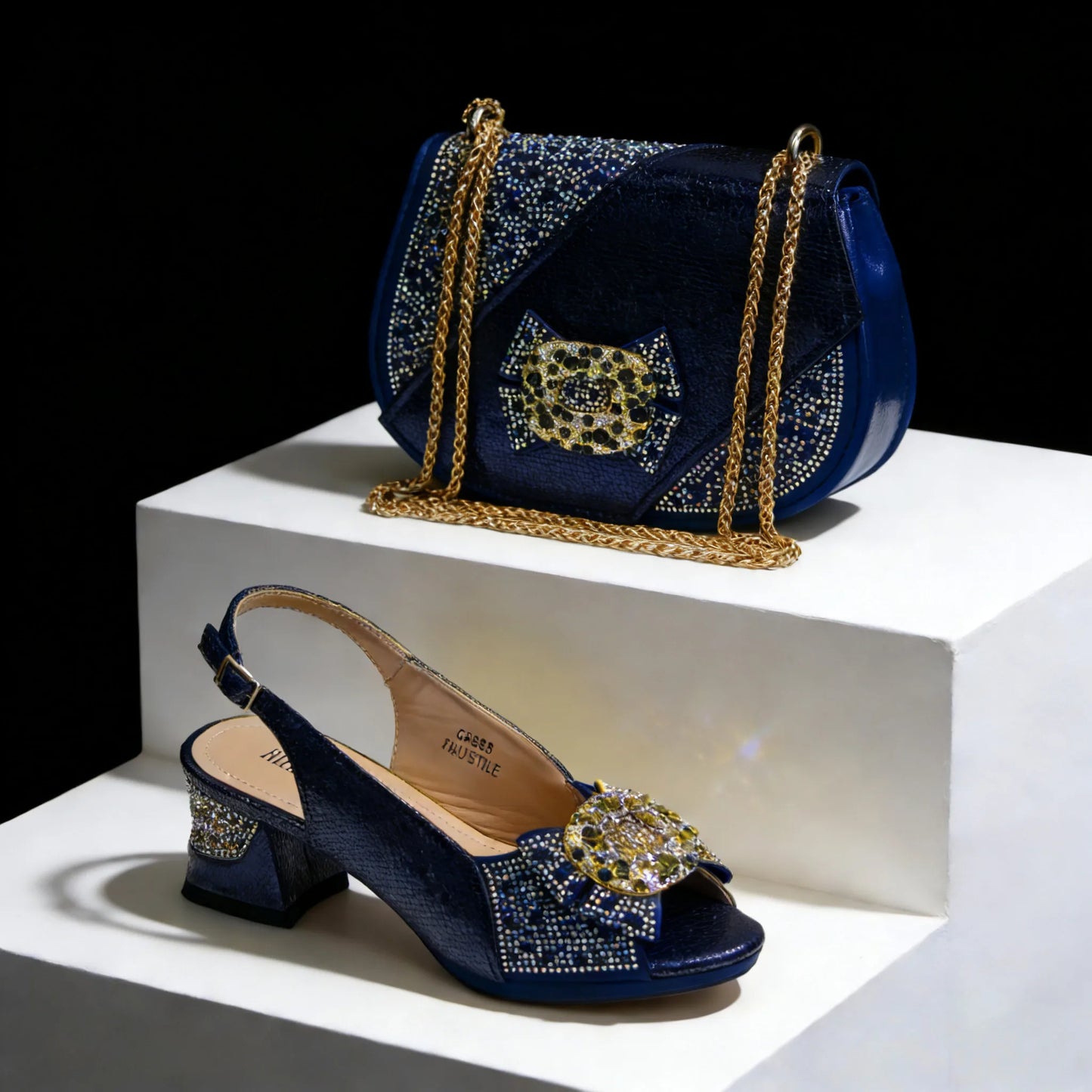 Nigeria Design Open Toe High Heels & Bag Set Gold Color blocking Hot Rhinestones Fashion Elegant Sexy High Heels