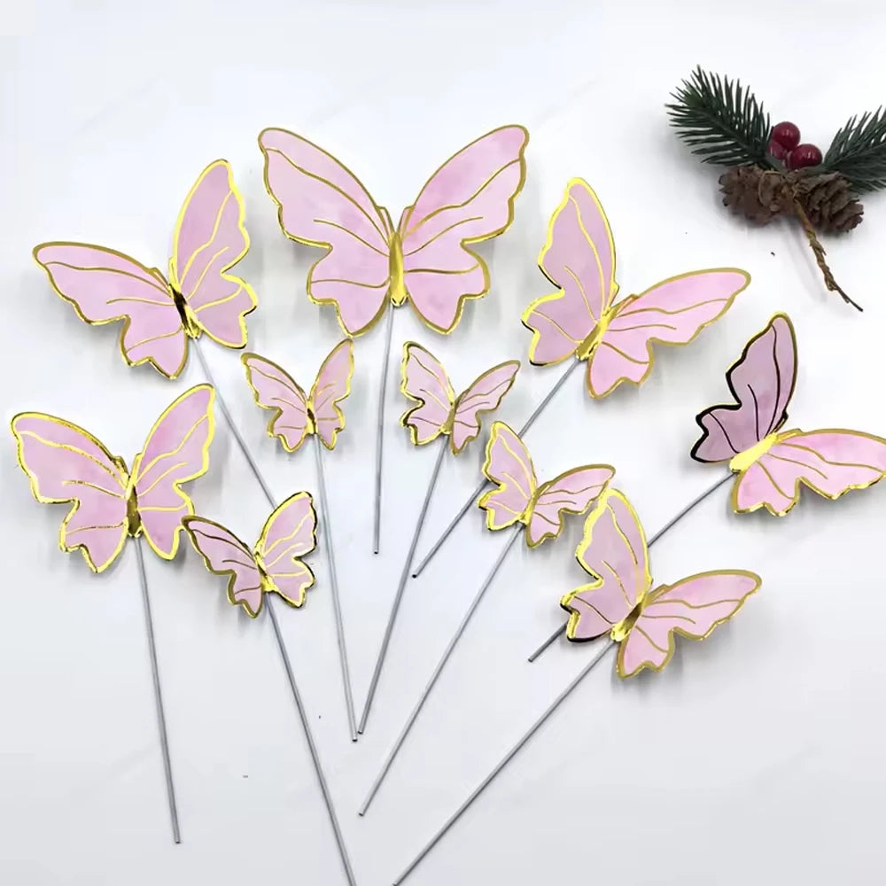 DIY Stamping Gold Pink Butterfly Cake Toppers Happy Birthday Cake Decoration Wedding Party Decor Shower Dessert Baking Supplies