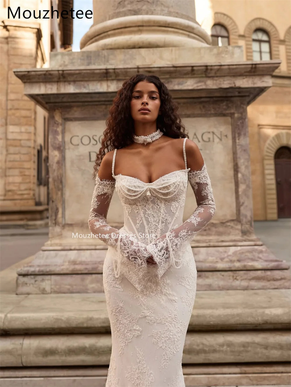 Mouzhetee Mermaid Elegant Pearls Lace Strapless Wedding Dresses Simple Sleeveless Brides Gown Custom Made 2026