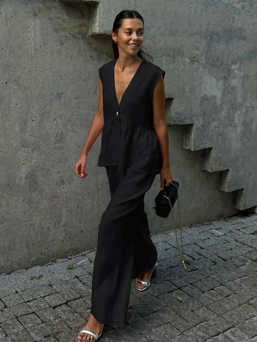 2026 V-neck sleeveless top, vest and long pants suit, solid-color two-piece set