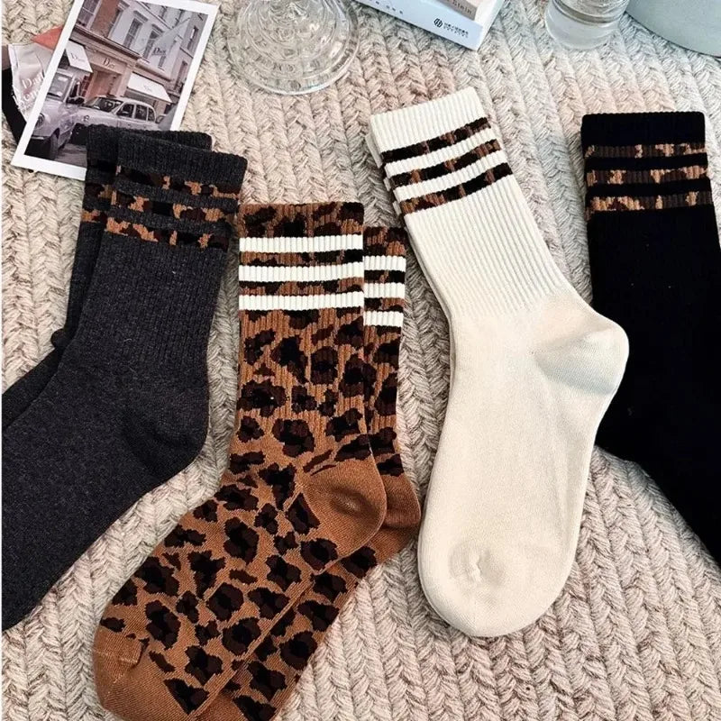 4 Pairs Women Leopard Socks Cotton Sports Y2k Student White Lolita Harajuku Girl Funny Socks