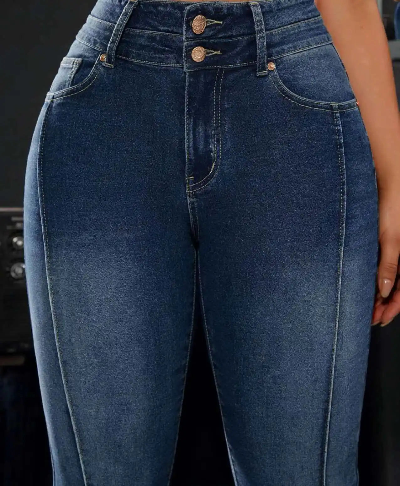 Women's High-Waisted Stretch Denim Trousers Double Button Detail Comfortable Fit Straight Leg Jeans