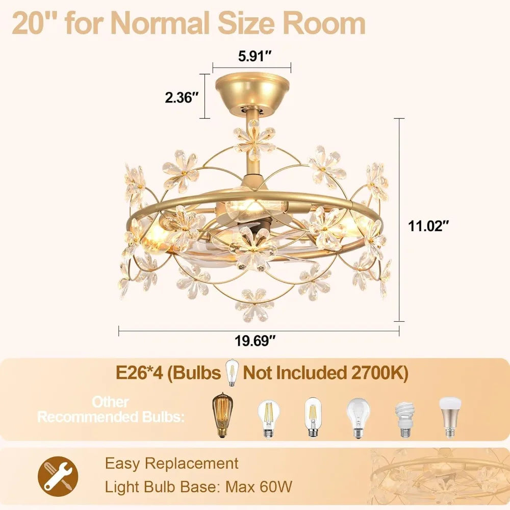 20" Gold Chandelier Ceiling Fan with Lights and Remote Control - Modern Flower Fandelier for Bedroom Living Room Kitchen
