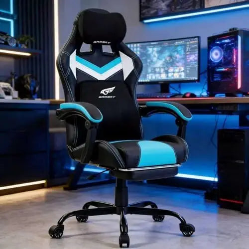 Ergonomic Gaming Chair for Adults, Black Blue | Comfy Video Game Chair with Footrest, Gamer Chair with Headrest and