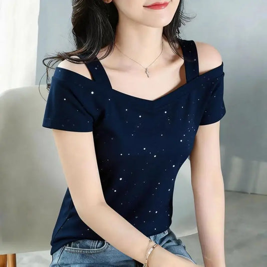 Street Casual Off Shoulder Hollow Out Plus Size Tops Women Clothing Short Sleeve Solid Vintage T Shirts Trend Fashion Summer New