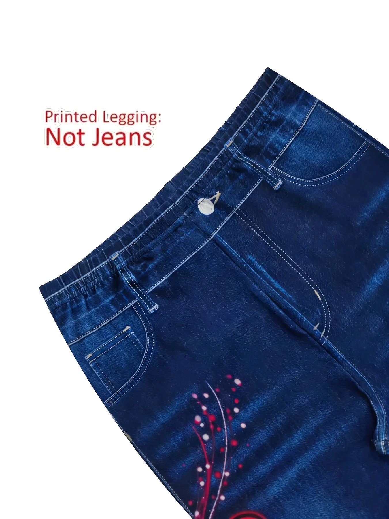 Women High Waist Faux Denim Leggings, Heart Print Skinny Pencil Pants, Stretch Non-Denim Slim Casual Streetwear Trousers