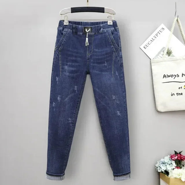 XL-6XL Plus Size jeans for Women Mom Jeans Woman Elastic High Waist Blue Baggy Jeans Denim Ripped Jeans Female Harem Pants