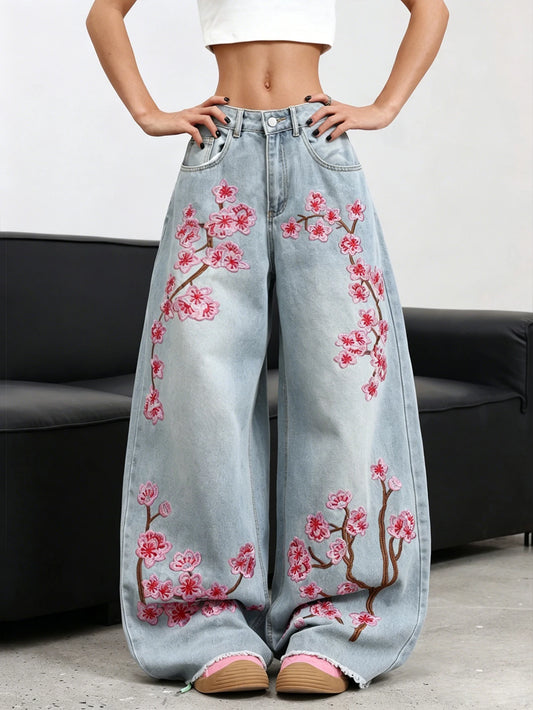 American Retro Plum Blossom Embroidery Design Blue Women's Loose Wide-Leg Jeans Y2K Street Fashion Versatile Straight Trousers