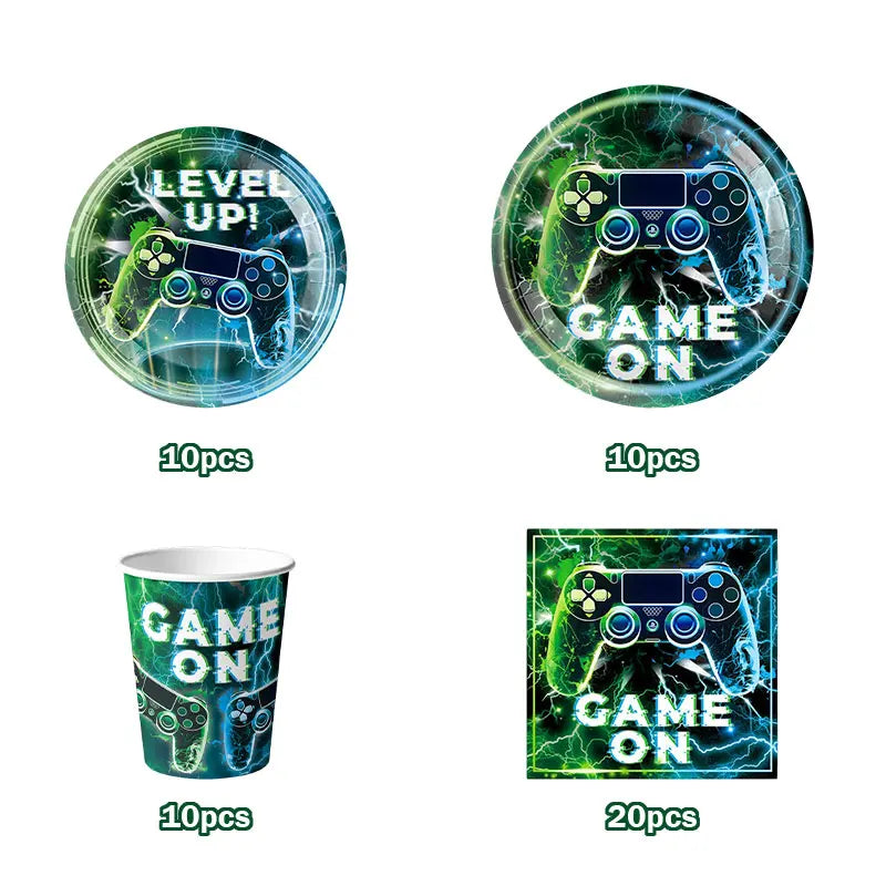 Happy Video Game Themed Birthday Party Decorations Set Tableware Plates Cups Cake Topper Gift Bags Banner Party Supplies Favors