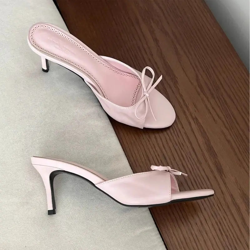 Satin Butterfly-knot Women Slippers Fashion Polka Dot Party Dress Slides Thin High Heel Ladies Elegant Slides Pump