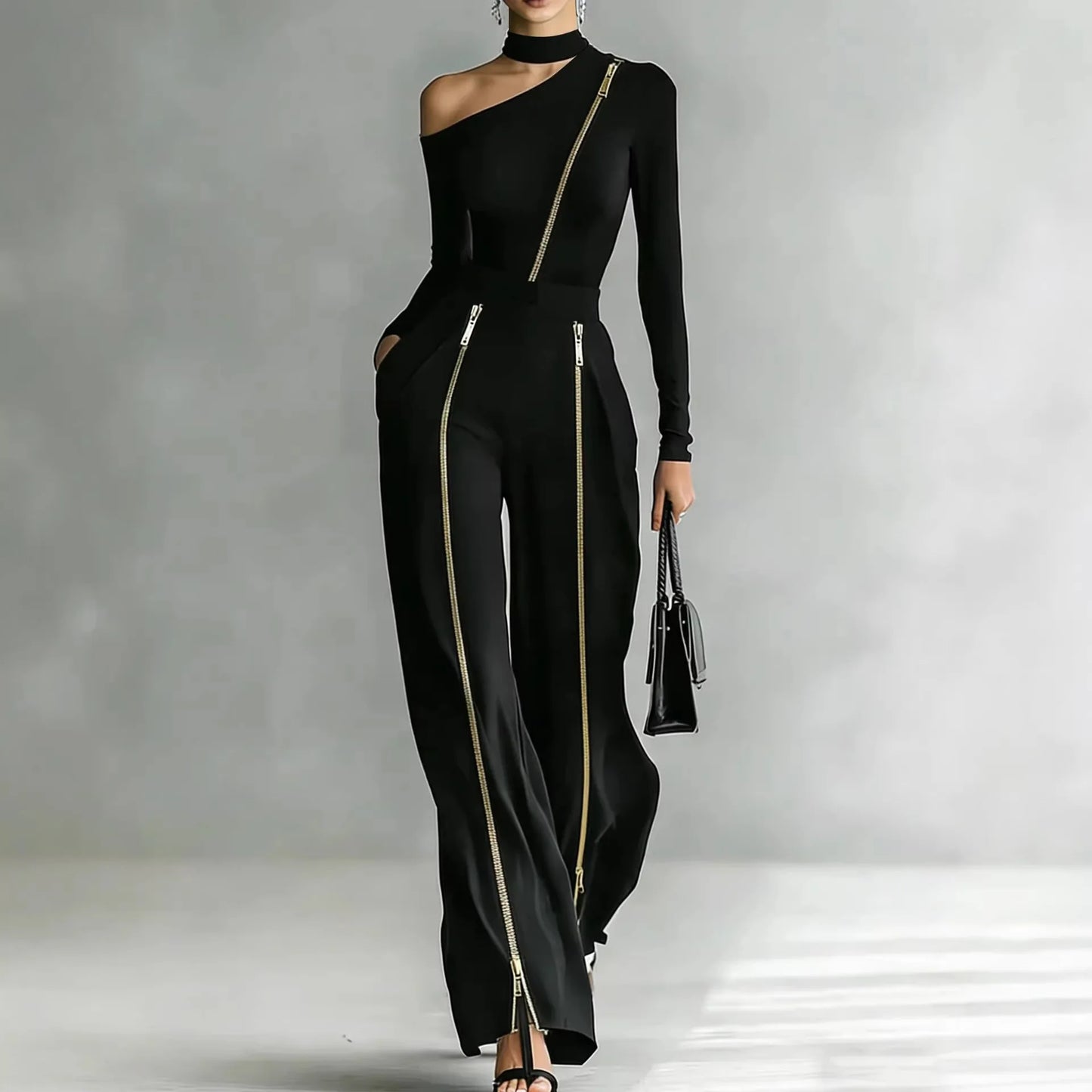 Women's Two-piece Slim-fit Long-sleeved Double-zipper Wide-leg Pant 2026 Spring Elegant Fashion Stand-up Collar Solid Color Suit