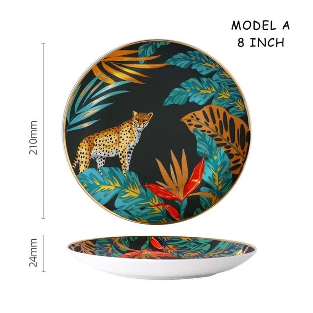 Dinnerware Set Colorful Forest Animal Design Plate Steak Tray Flat Ceramic Tableware 10inch Dish Christmas Gift Gold