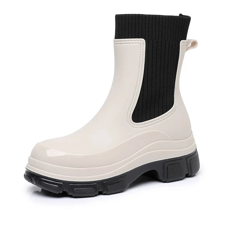 Women’s All-Season Black Durable Work Rain Boots, Waterproof Anti-Slip Platform Sole, Korean-Style Outdoor Fashion Boots