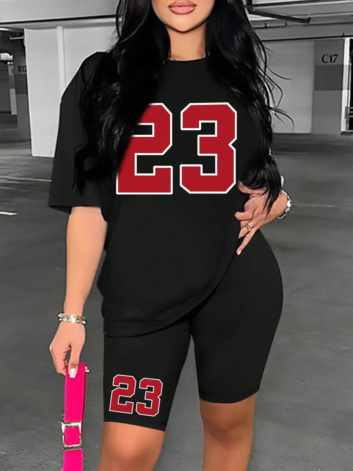 Women's Summer Set Number 23 Print Casual Shorts Set Sports Women's Shirt Shorts 2 Piece Street Wear Set Womens Summer Clothes