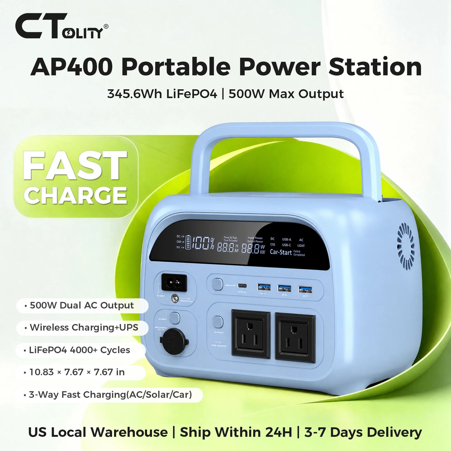 CTOLITY AP400 345.6Wh Portable Power Station 500W Power bank, LiFePO4 Solar Generator with 150W Solar Input, UPS Backup Battery, Wireless Charging, AC/DC/USB Output for Camping Home Emergency