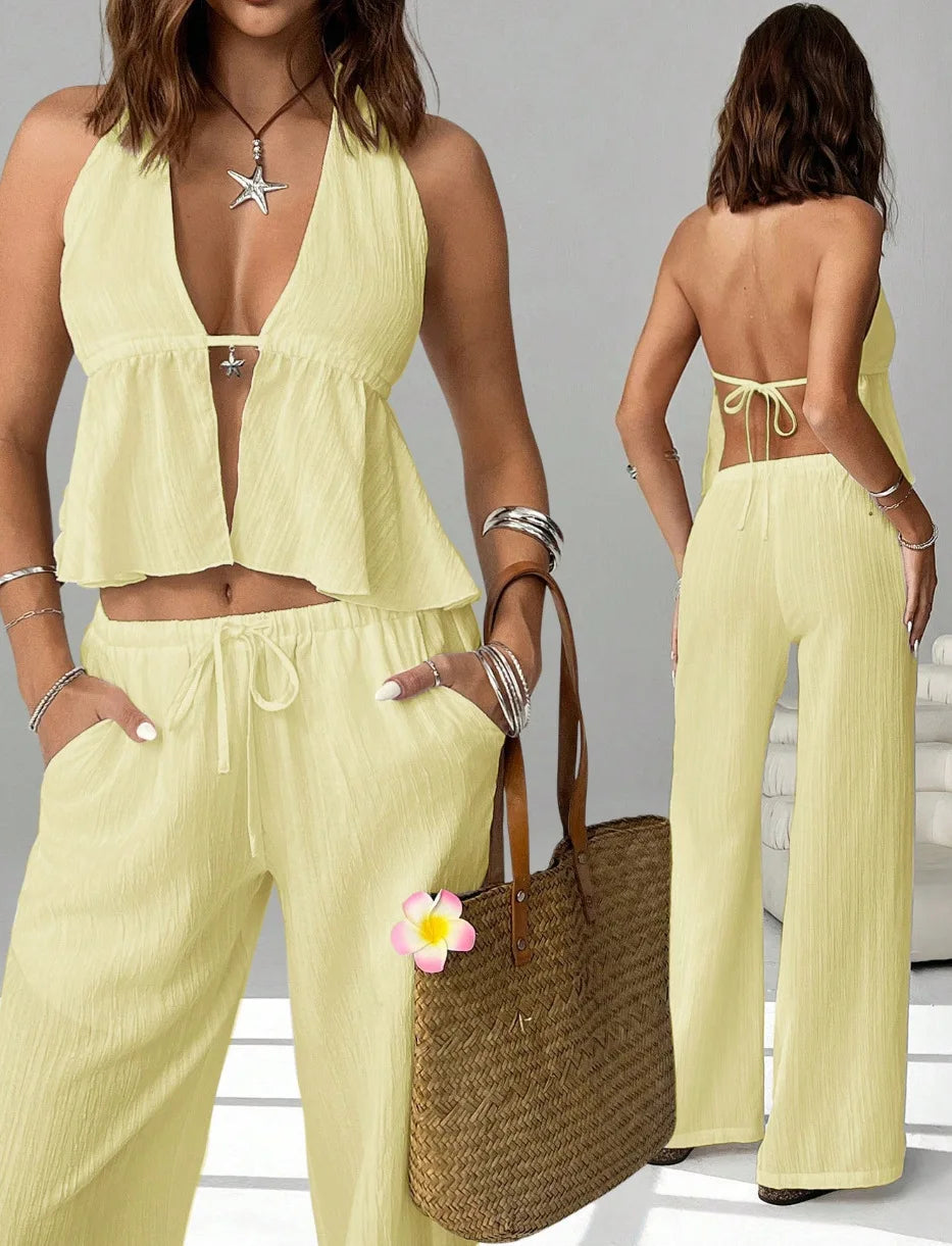 Fashion White Woman 2 Piece Set Outfit Spring And Summer Women's Halter Neck Strap Sexy Backless Sleeveless Vest Slim Suit