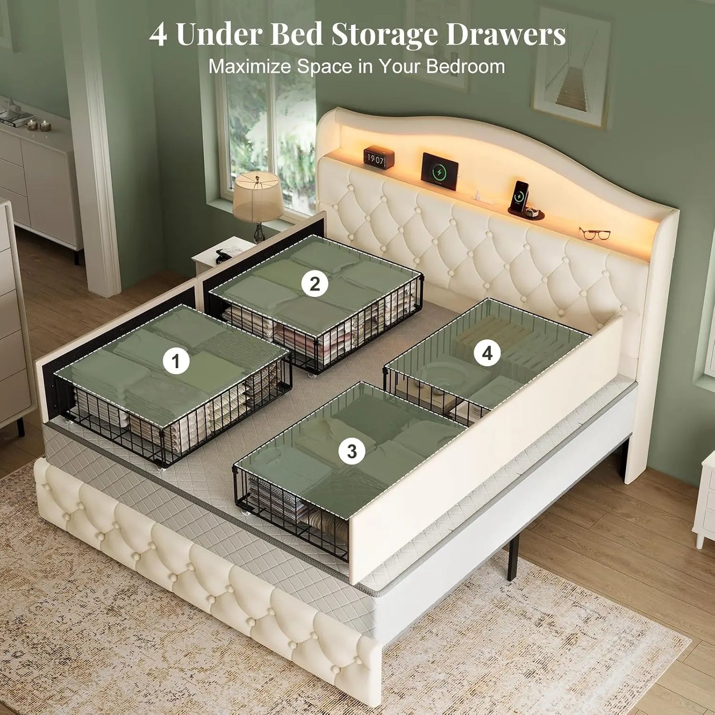 Queen Size Bed Frame and Headboard & 4 Storage Drawers, Upholstered Platform Bed Frame with RGB LED Lights &, Customized