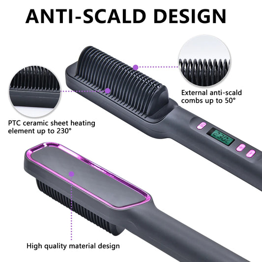 Hair Straightener Ceramic Hot Comb 2 in 1 Electric Straighten Hair Brush Negative Ion Fast Heating Styling Tool 
