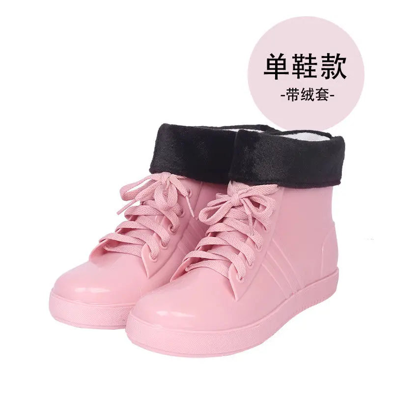 Fashion Lace Up Rainshoes Womens Light Blue Rain Boots Woman Oxfords Style Water Shoes Girls PVC Ankle Rainboots Green Galoshes