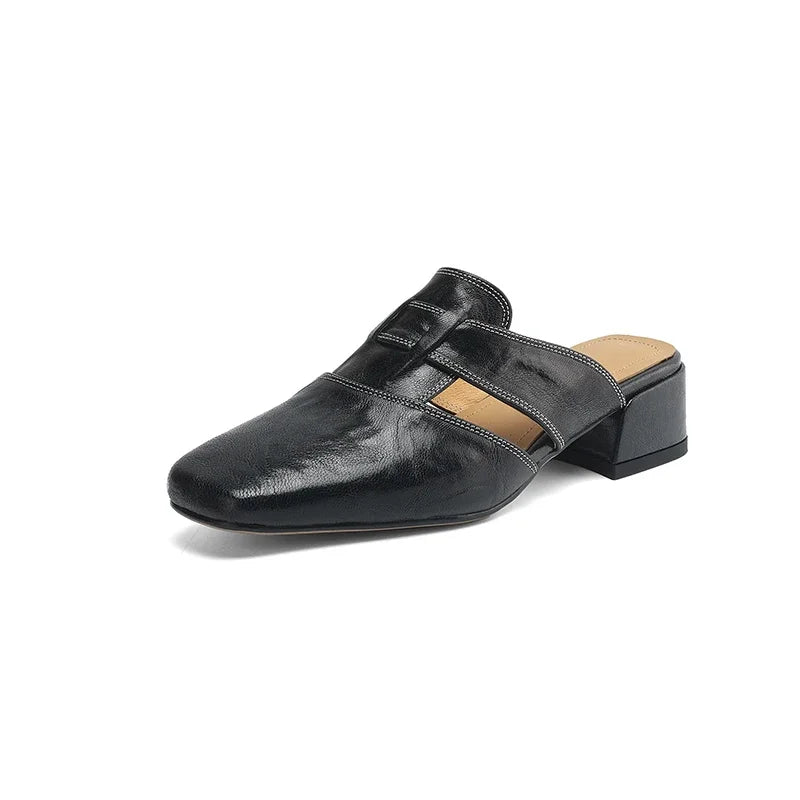 2026 Outside Summer Women Mules Genuine Leather Women Shoes Cover Toe Chunky Med Heel Slippers Concise Modern Slippers Sandals