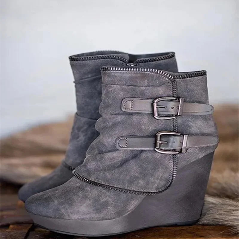 Women's Fashion Ankle Boots Suede Wedge Zipper Solid Color Short Boots Round Toe Shoes Women's Suspender Shoes 2025 NEW