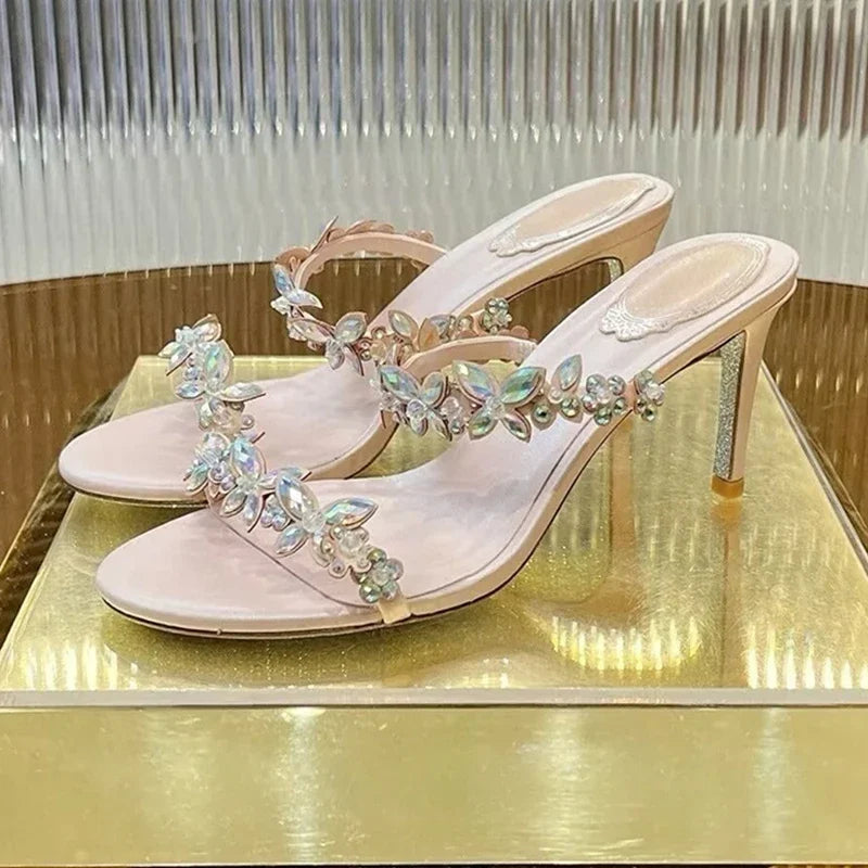 Women Thin High Heels Elastic Strap Gladiator Sandals Bling Rhinestone Flower Decor Sandalias Summer Bridesmaid Dress Shoes