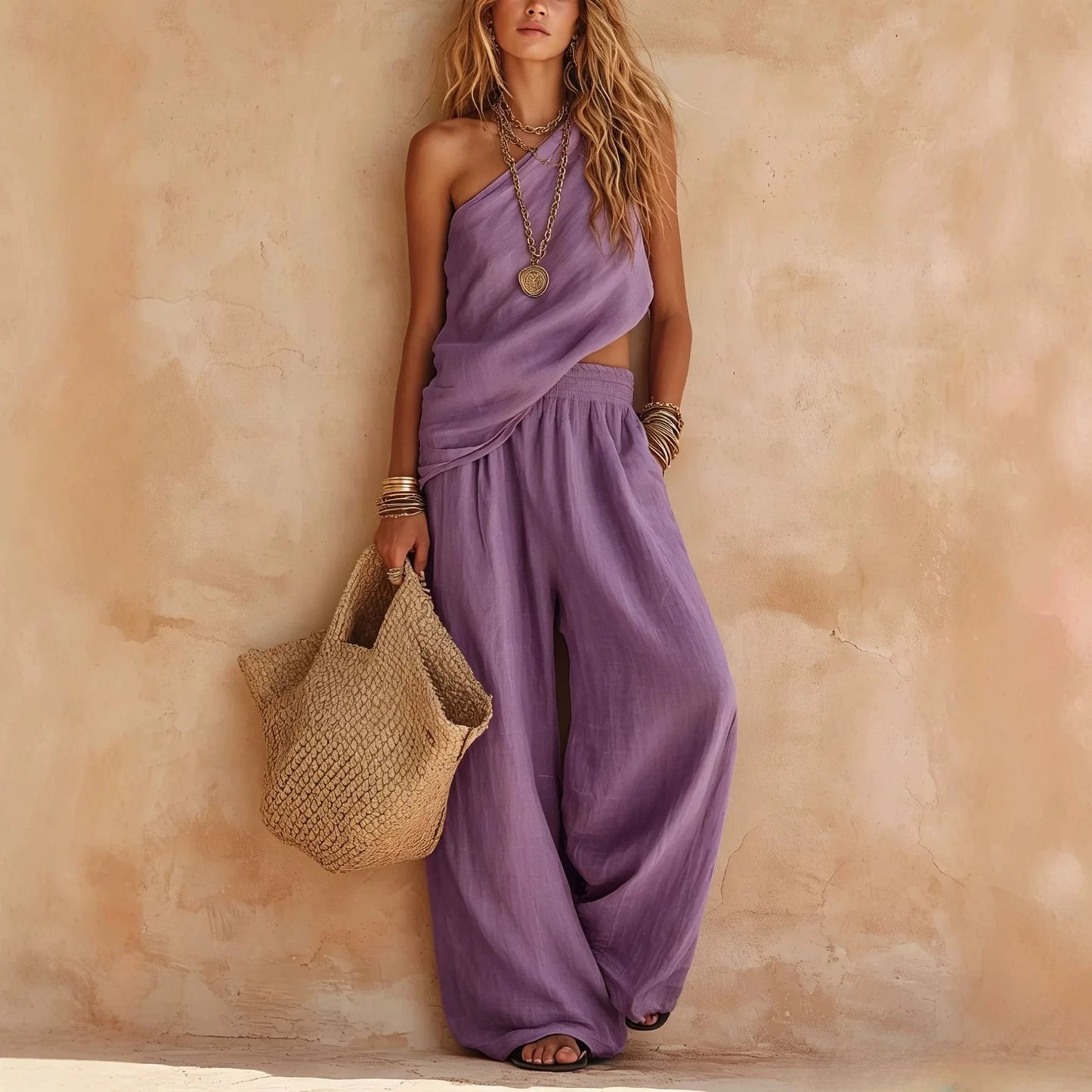 Womens Casual Matching Set Summer Linen Wide Leg Pants Jumpsuit Two Piece Outfits