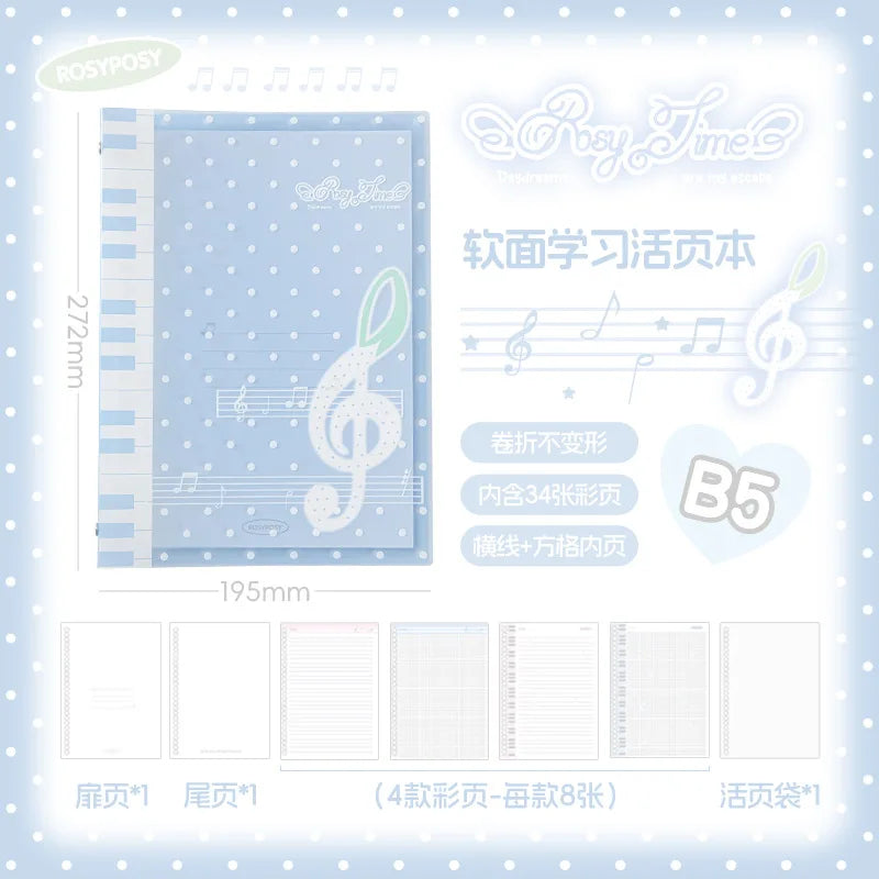 New Rosyposy Melody Loose Leaf Notebook Soft Cover B5 Ruled Grid Polka Dot Music Note For Office School Study Stationery