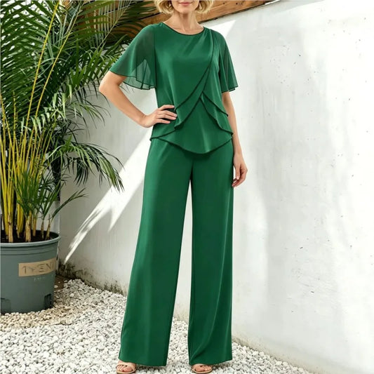 Women's Casual Pants Set Chiffon Breathable Solid Color Round Neck Short Sleeve Loose Irregular Top + Wide-leg Pants 2-piece Set