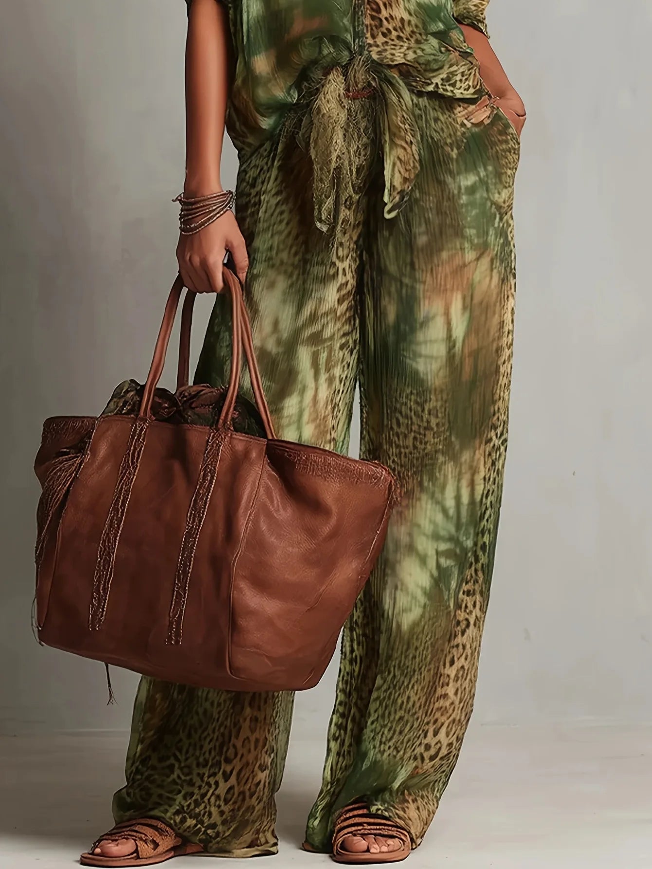 Vintage Women Leopard Print Two Piece Set Elegant Printing V Neck Short Sleeve Knot Front Blouse Wide Leg Pants Suit Outfit