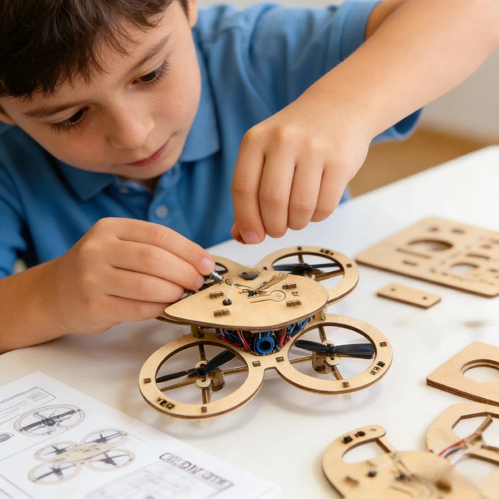 Wooden DIY Assembled Drone, Children's Quad-copter, Handmade Model, School Remote Control Airplane Toy, Aircraft Model