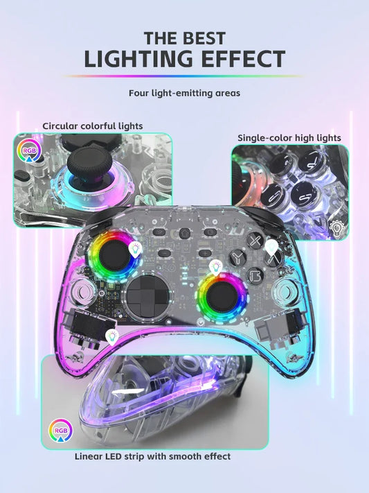 DATA FROG Transparent Wireless Gamepad RGB LED Gaming Controller With Audio Jack For Switch OLED PC Steam Deck Android Smartphon
