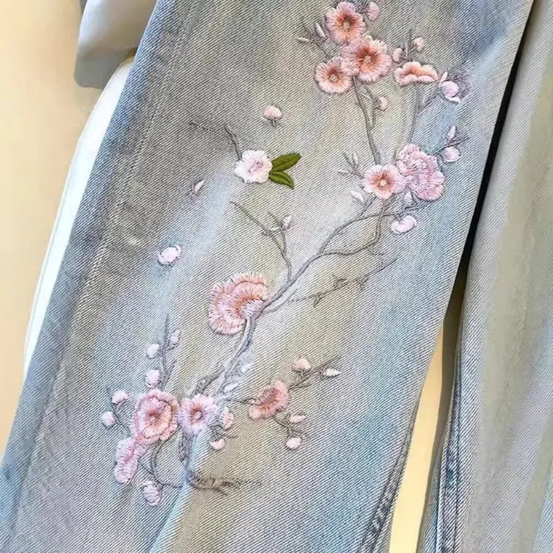 New Pink Flower Embroidered Jeans Women Spring Autumn High Waist Fashion Slim Wide-Leg Pants Embroidered Straight Pant