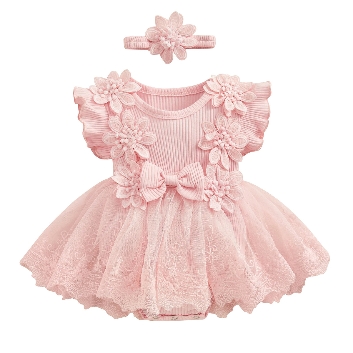 Baby Girls' Floral Romper & Headband Set | Ruffle Details & Mesh Skirt | Birthdays, Portraits & Celebrations