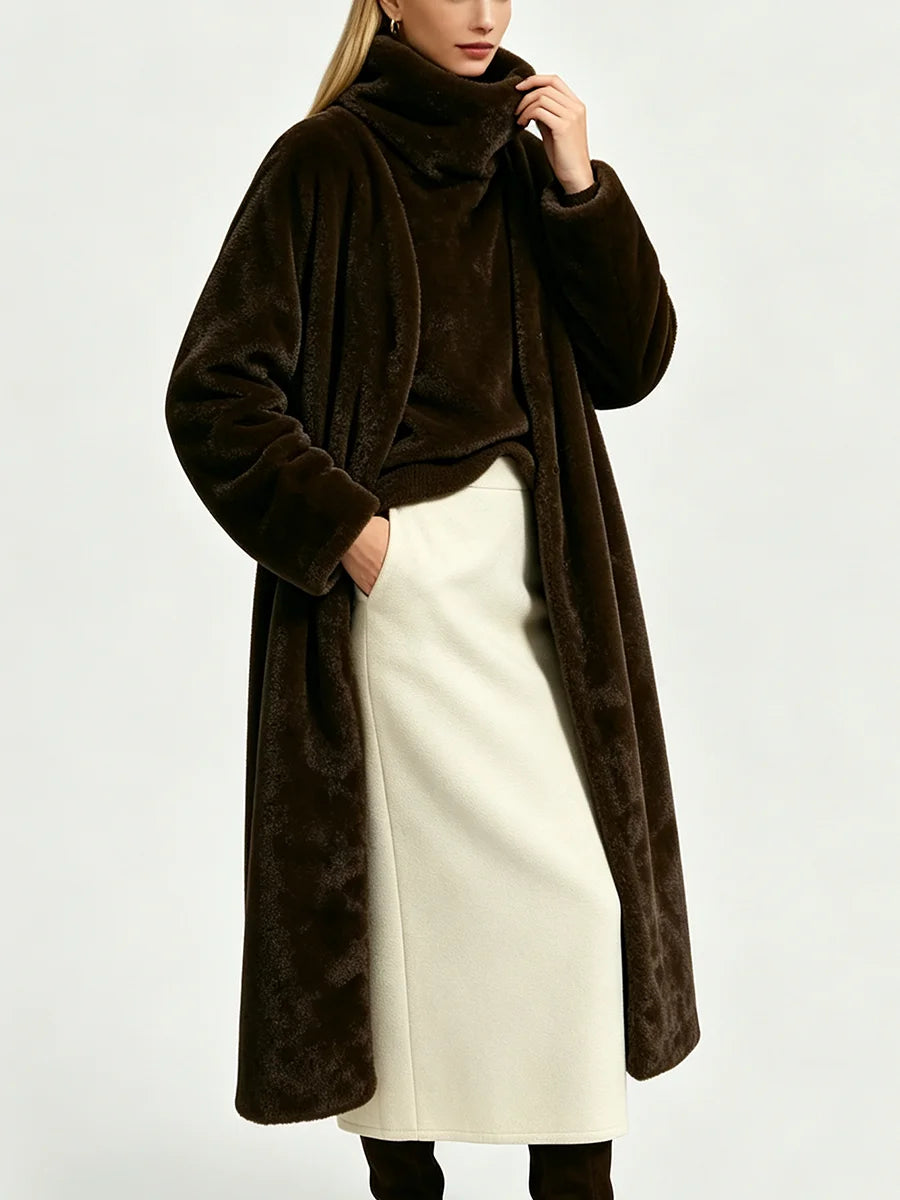Women Open Front Faux Fur Long Coat Loose Sleeve Plush Warm Winter Elegant Streetwear Ladies Outerwear Jacket