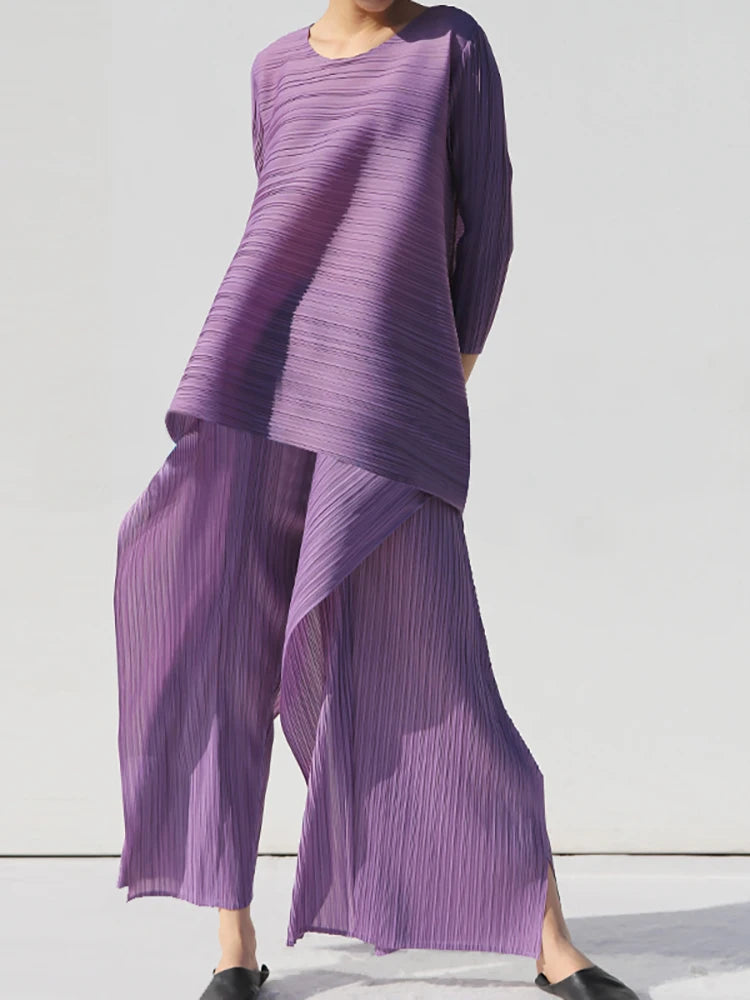 Miyake Pleated Women Two Piece Sets 2023 Summer Long Sleeve T-shirt Tops Ladies Loose Pants Original Designer Causal Clothes
