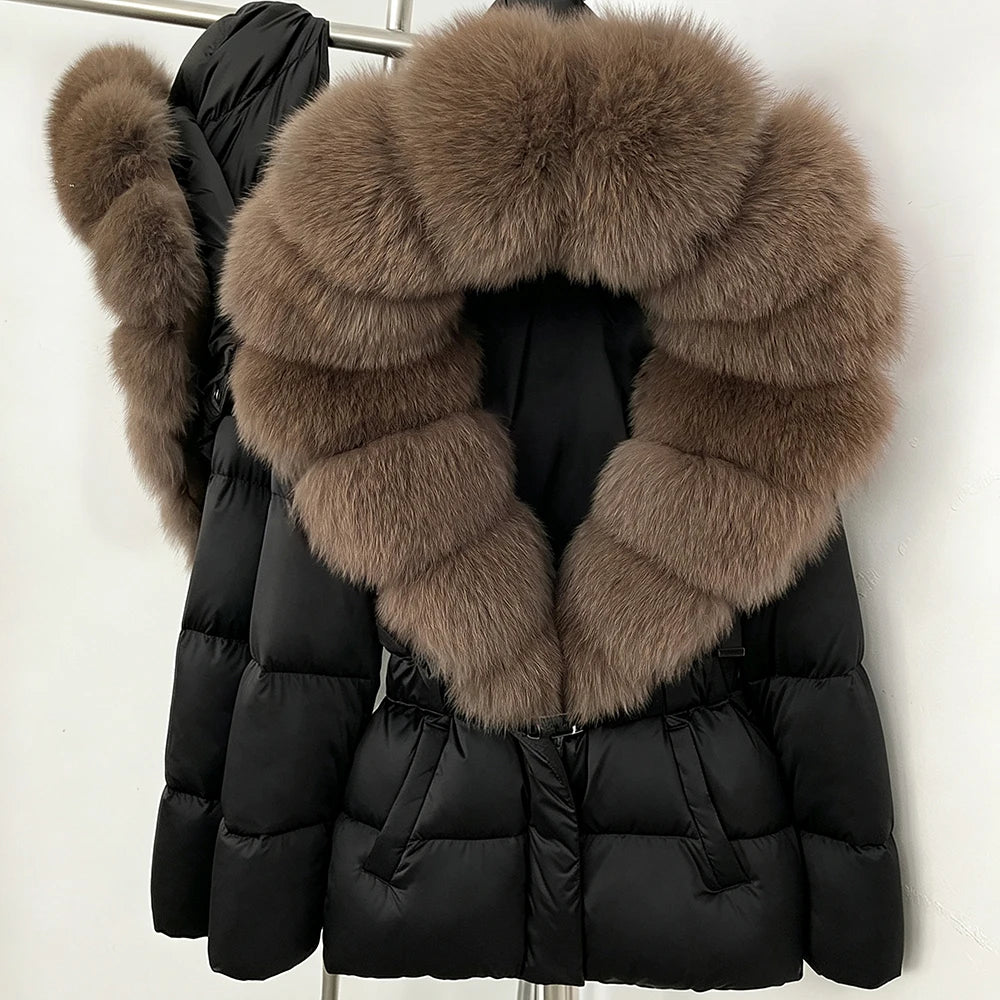 OFTBUY New Fashion Winter Clothes Women Duck Down Coat with Big Natural Fur Collar Belt Hooded Real Fox Fur Puffer Jacket Female