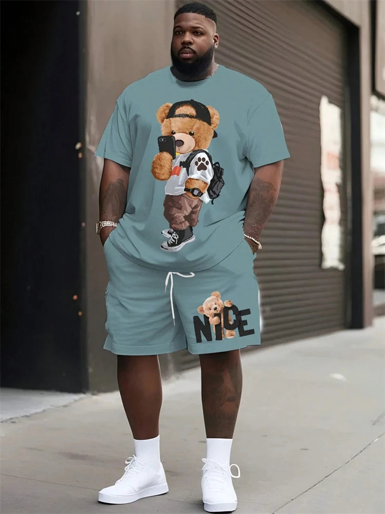 2026 Summer Men 2-Piece Set Fun Cartoon Bear Print Short-Sleeve T-Shirt and Shorts Set Sporty Style Plus Size Fashionable Outfit