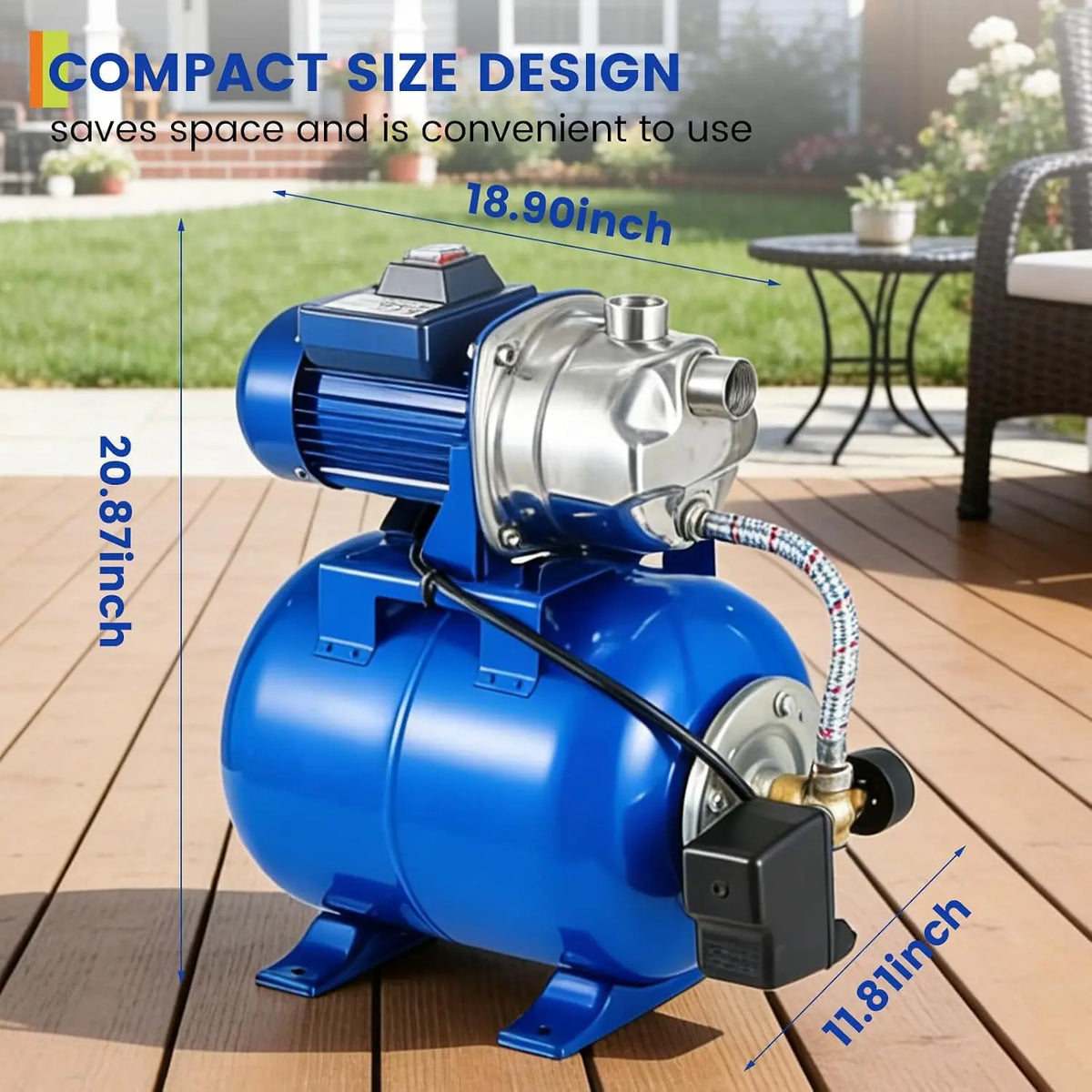 1.6HP Stainless Steel Shallow Well Jet Pump with Pressure Tank – 1320 GPH, 115V, 164 ft Lift, Automatic Water Booster for Home / Farm / Garden (Blue)