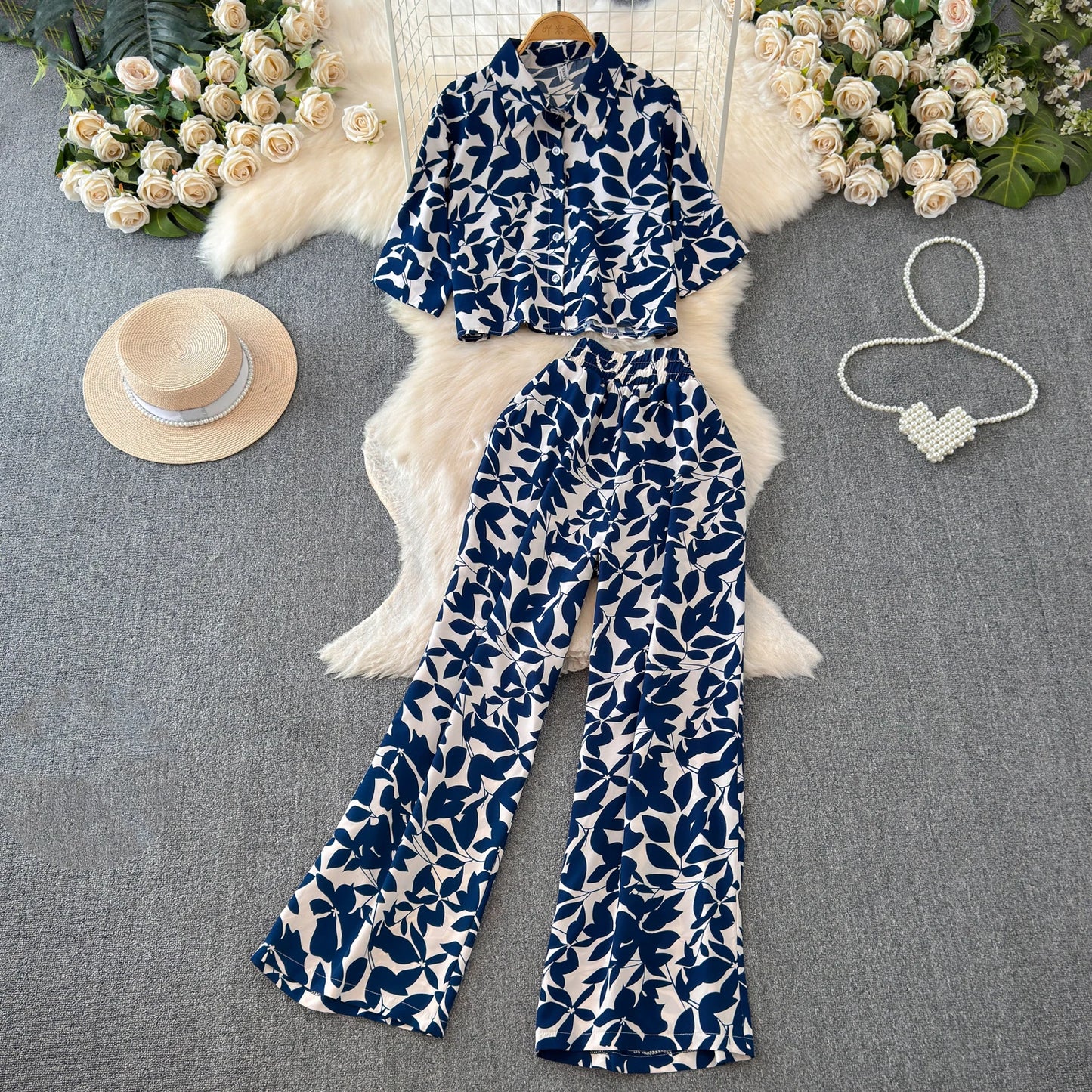 Beach Style Fashion Printed Women Pant Sets 2pcs Short Chiffon Shirts+Wide Leg Pants 2025 New Summer Casual Loose Female Suits