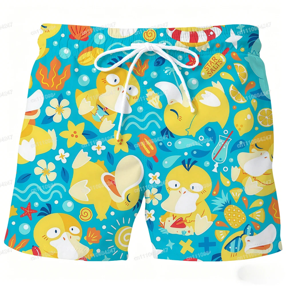 2026 Summer Psyduck Beach Shorts Pokemon Cartoon Quick Dry Board Shorts Cute Duck Print Casual Holiday Pants for Men Women Sport
