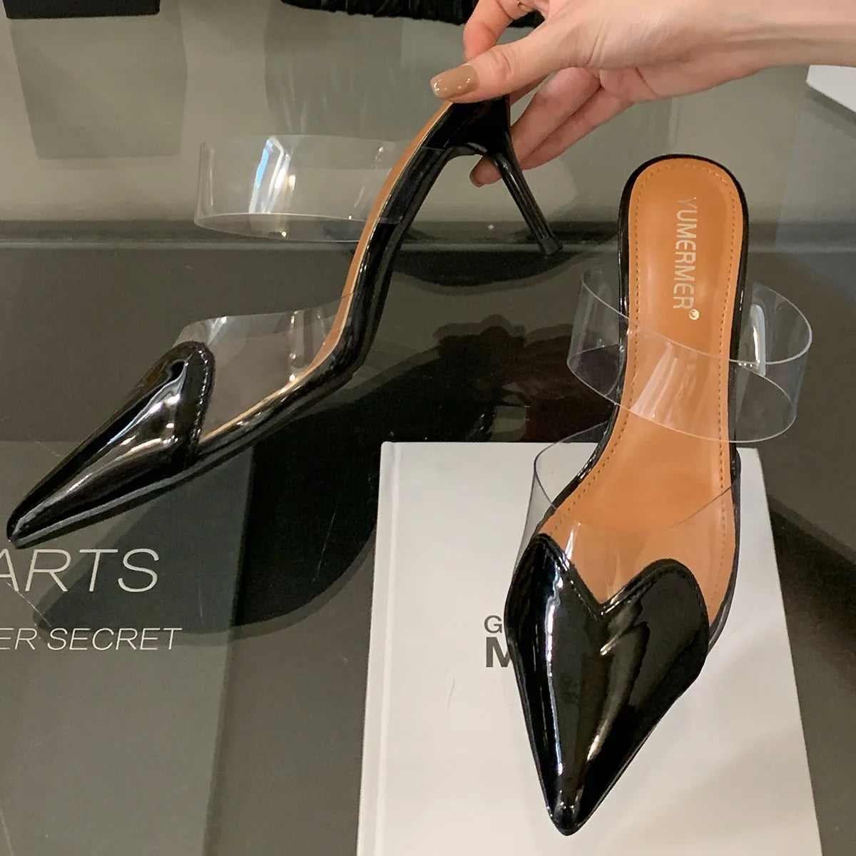 Clear Heart Heeled Mules Sandals Transparent PVC Pointed Toe Slip On Clear Heeled Sandals Party Prom Dress 7.5cm High Heel Mules