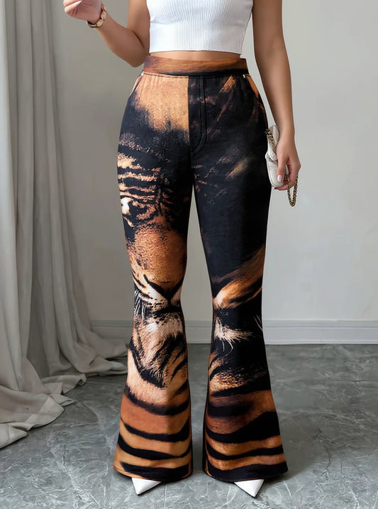 Women High Waist Tiger Print Flare Pants Vintage Animal Pattern Stretch BellโBottom Trousers Club Party Streetwear Pants