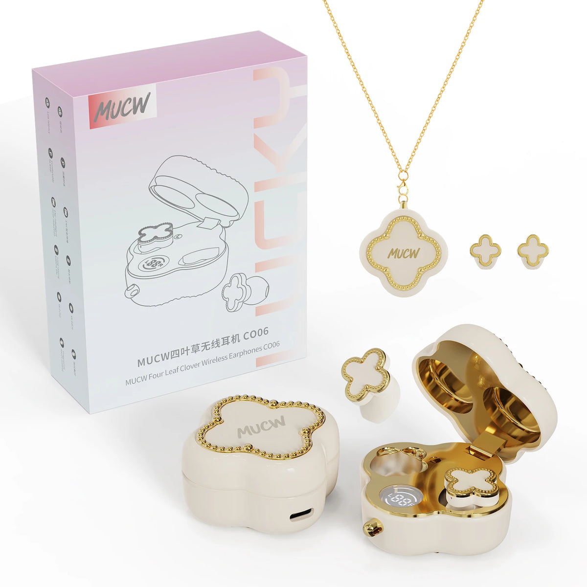 Luxury Four‑Leaf Clover TWS Earbuds MUCW CO06 Bluetooth 6.0 ENC Noise Cancelling Headset Light Weight Fashion Jewelry Earphone Gift for Ladies Daily Wear