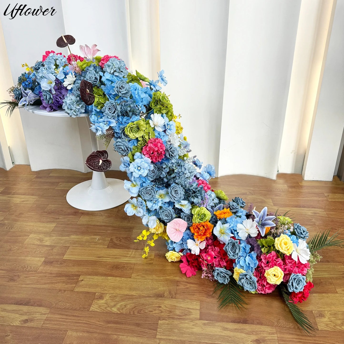 Uflower 2m Luxury Artificial Flowers Wedding Backdrop Table Long Runner Flower Row Floral Backdrop Arrangement Wall Arch Decor