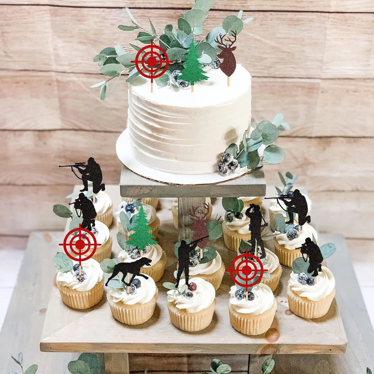 16pcs/set Sports Theme Hunting Cake Topper Happy Birthday Party Tree Hunting Wolf Deer Cupcake Topper Decoration Baking Supplies