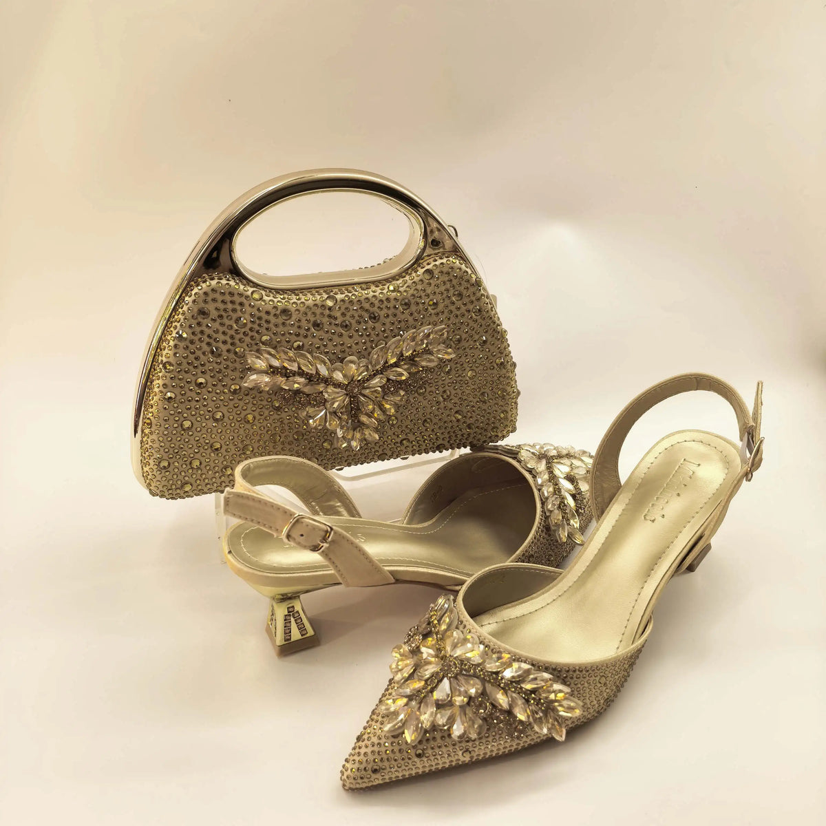 New Itlian Design Brown Color Rhinestone High Heel Shoe And Bag Fashion Style Pointed-Toe Shoes For Party Occasions