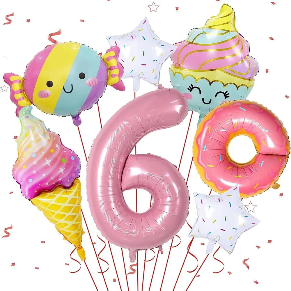 7pcs Ice Cream Balloons with 40 inch Number Doughnut Candy Dessert Food theme Aluminum Film Balloons Birthday Party Decoration