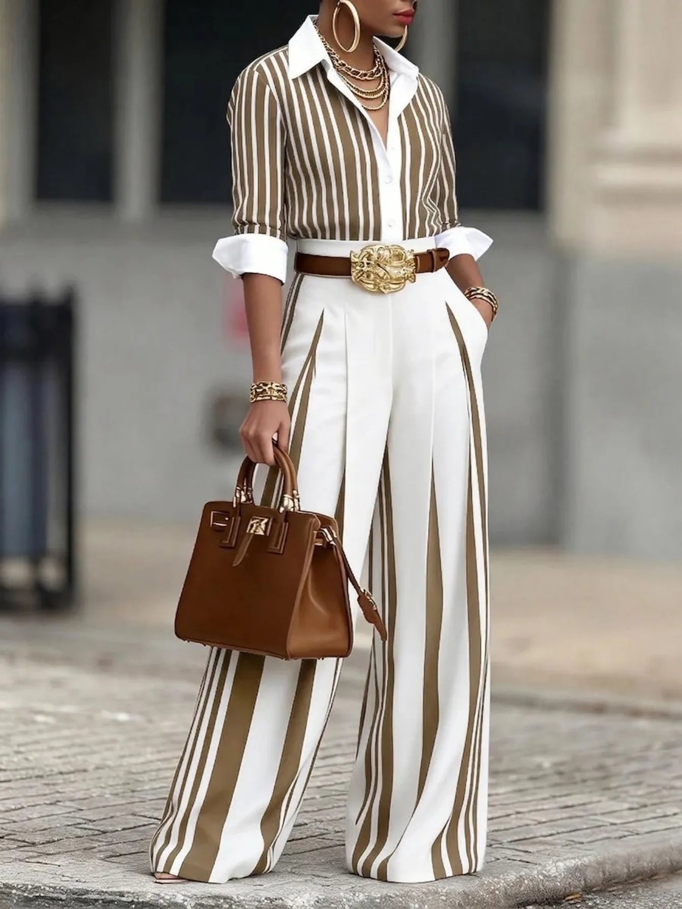 Women Fashion 2-Piece Set Striped Button Down Long Sleeves Shirt High Waist Striped Wide Leg Pants Elegant Office Outfit